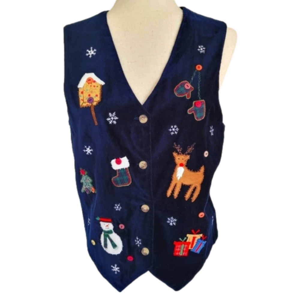 VINTAGE Velvet Blue Holiday Christmas Embroidered Button Down Vest Size Medium